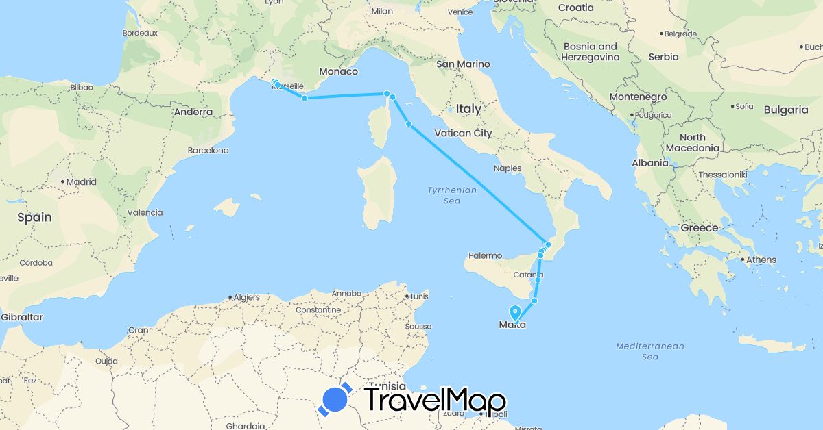 TravelMap itinerary: boat in France, Italy, Malta (Europe)